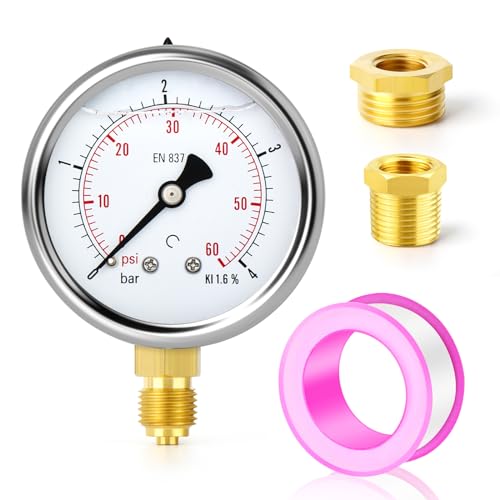 ERGAOBOY 0-4 Bar (0-60 PSI) Manómetro de acero inoxidable lleno de líquido 1/4' BSP 2.5' FACE DIAL WOG Agua Aceite Aire Montaje central trasero