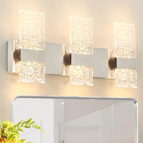 Image of Modern Brushed Nickel 3 Lights Bathroom Vanity Light, Eleglant Nickel LED Bathroom Light Fixtures over Mirror, Dimmable Acrylic Shade Wall Lighting Fixtures, Hardwired Wall Light(H9.25in, L21.26in)