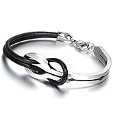 OIDEA Pulsera para Hombre y Mujer, Pulsera de Cuero con Símbolo del Infinito de Acero Inoxidable, Color Negro y Plateado