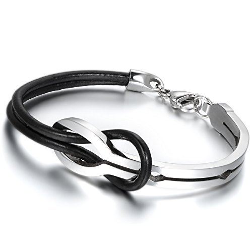OIDEA Pulsera para Hombre y Mujer, Pulsera de Cuero con Símbolo del Infinito de Acero Inoxidable, Color Negro y Plateado