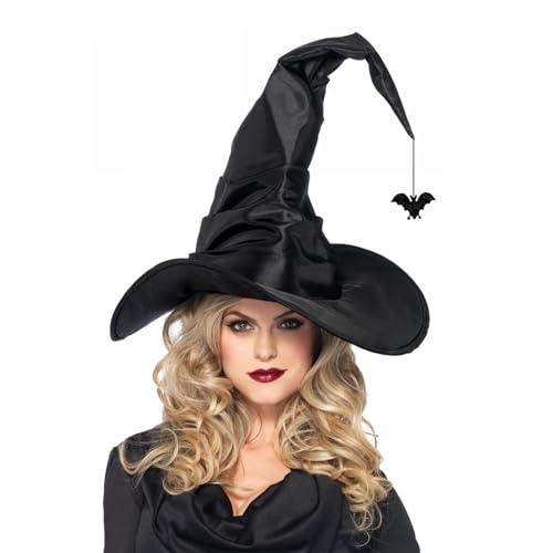 Perechges Halloween Hexenhut Damen mit Fledermaus, Schwarzer Hexenhüte Breiter Krempe Spitzer Hexen Hut für Frauen Mädchen Halloween Karneval Cosplay Kostümparty Hexen Accessoires