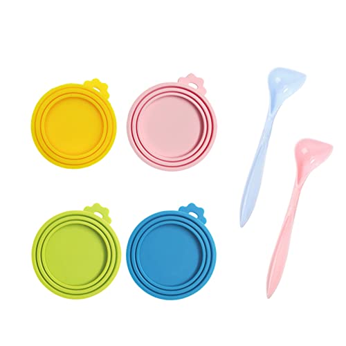 Amogato 4 Can Lids+2 Spoons Pet Food Can Lids,Can Lids Covers For Dog And Cat Pet Self-Sealing,Can Cover Most Standard Size Cans Of Dogs And Cats, Bpa Free & Dishwasher Safe,Multicolor #TOP4