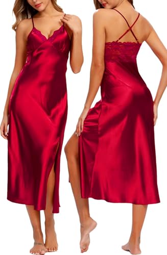 Image of ALCEA ROSEA Women Silk Satin Nightgown Sexy Lace Chemise Lingerie Long Sleepdress for Ladies Sleepwear Slip Negligee