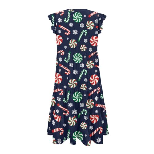 Image of Women's Casual Ruffle Sleeve Dress V Neck Pullover Dress Flowy A-Line Pleated Lightweight Dress with Pockets