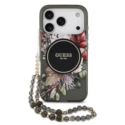 Coque MagSafe iPhone 17 Pro Max Guess Noir à motif floral avec bracelet perle IML