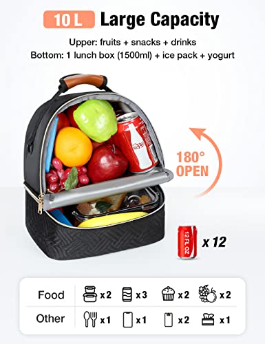 Lekereise Lunch Bag For Women Double Deck Lunch Box Leakproof Insulated Soft Lunch Cooler Bag, Black #TOP1