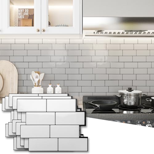 Art3dwallpanels Peel and Stick Backsplash Tile, White, 10 Pack