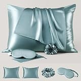 Double Stitch Silk Pillowcases King Size - 100% Pure Mulberry Silk, 22 Momme 6A High-Grade Fibers, Gifts for Women & Men, Hidden Zipper, 2 Pillow Cases (20"x36"), 1 Eye Mask, 1 Scrunchie, Smoky Blue