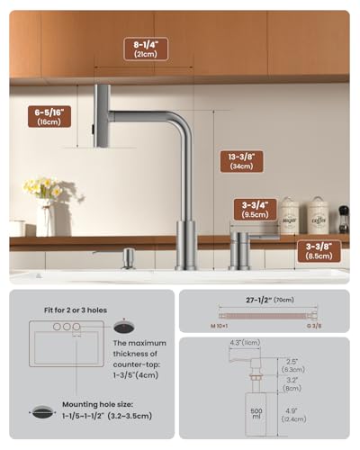 Image of 3 Hole Kitchen Faucet, Multi-Function Waterfall Kitchen Faucet with Soap Dispenser and Pull Down Sprayer, Stainless Steel 3 Pieces Sink Faucets with Separate Handle, Brushed Nickel