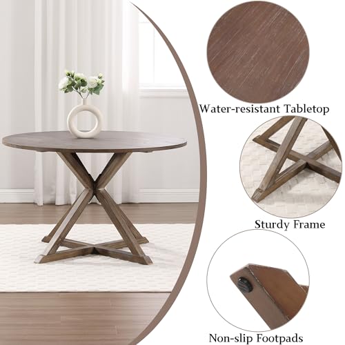 Janoray Round Dining Table for 4-6 People 47.25 Inch Farmhouse Kitchen Table with Wooden Pedestal Base Brown Circle Kitchen Table for Dining Room, Kitchen, Living Room