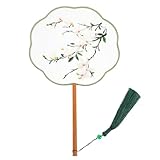 PRETYZOOM Double-Sided Embroidered Silk Circular Fan with Tassel Traditional Chinese Handheld Decorative Oriental Fan for Wedding Home Decor 13.4 X 8.1 Inches