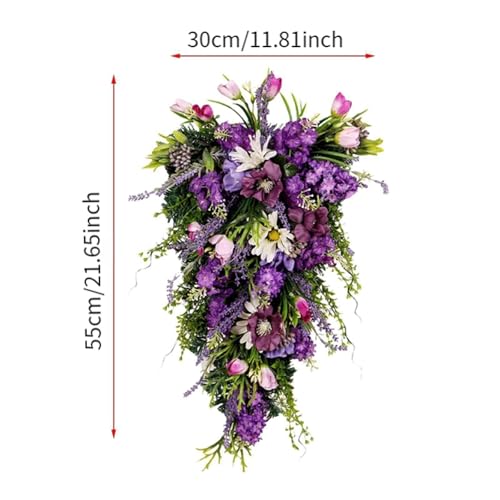 Floral Swag Decorative Teardrop Wreath Wall Hanging Decoration Spring Summer Garland Door Swag Wreath for Wedding Party Festival Garden, Purple - Image 5
