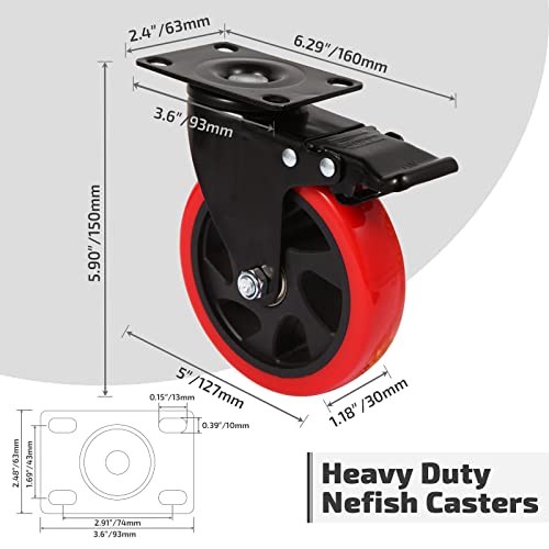 Nefish Swivel Caster Wheel For Cart, 5 Inch Industrial Casters Set Of 4 - Heavy Duty Top Plate Casters With Brake 2200 Lbs, 360 Degree Polyurethane Wheels For Cart, Trolleys, Furniture, Equipment #TOP1