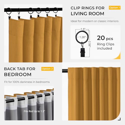 Image of INOVADAY 100% Blackout Curtains for Bedroom, Mustard Yellow Black Out Curtains 84 Inch Long, Clip Rings Linen Blackout Drapes, Thermal Insulated Room Darkening for Living Room, 2 Panels - W50xL84