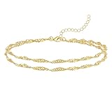 Gokeey Gold Ankle Bracelets for Women, 14k Gold Plated Waterproof Singapore Link Chain Anklets Set, Layered Anklet Bracelets for Women Beach Gift