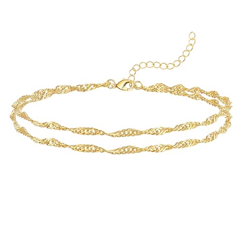 Gokeey Gold Ankle Bracelets for Women, 14k Gold Plated Waterproof Singapore Link Chain Anklets Set, Layered Anklet Bracelets for Women Beach Gift