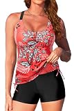Tempt Me Two Piece Tankini Swimsuits for Women Tummy Control Bathing Suit with Shorts Athletic Swimwear, Coral, Large
