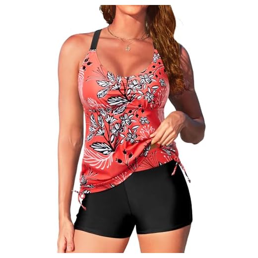 Tempt Me Two Piece Tankini Swimsuits for Women Tummy Control Bathing Suit with Shorts Athletic Swimwear Coral M