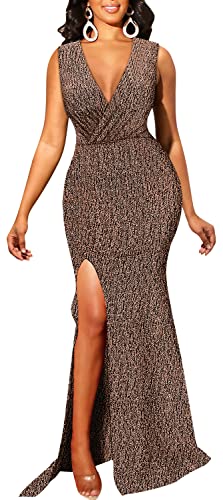 Image of Women's Sexy Long Sleeve Sparkly Maxi Dress V Neck High Slit Wrap Formal Gown Cocktail Glitter Maxi Long Dresses