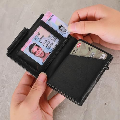 Image of Minimalist Pop Up Wallet for Men | RFID Blocking Credit Card Holder Wallet with Money Clip | Mens Wallet Slim Bifold Front Pocket Metal Case with Gift Box, Jet Black, 2.8 inch x 3.8 inch, Minimalist