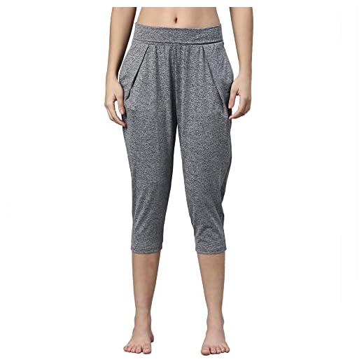 Enamor Athleisure Women's Polyester Relaxed Fit Mid-Rise Capri Length Quick Dry 4 Way Stretch Antimicrobial Yoga Pant with Foldover Waistband -E074(E074-Navy Melange-XL)