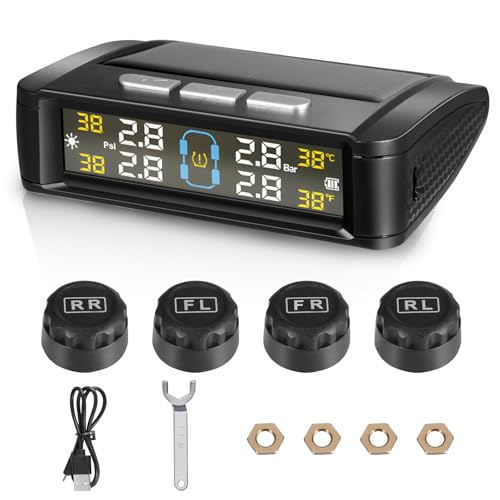 Tyre Pressure Monitoring System TPMS Solar Wireless Tire Pressure Gauge with 4 External Sensors USB/Solar Charging 0-5 Bar 72 PSI Range Universal Fit for Car SUV Van Trailer