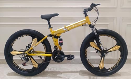 Image of Arrgrow Folding Mountain Bike, 26-inch, Gold and Yellow, 21-Speed Gears, Magnesium Alloy Wheels
