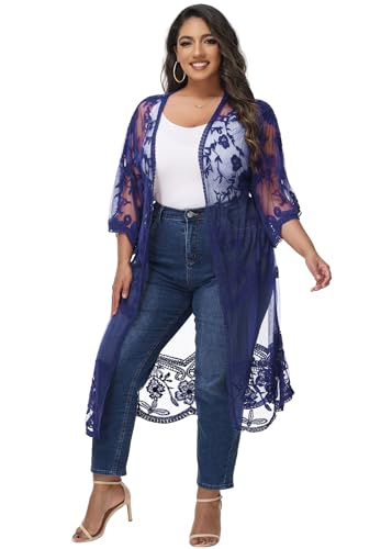 Image of Anna-Kaci Women's Plus Size Lace Cardigan Embroidered Long Kimono Dusters with Half Sleeves