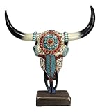 Ebros Gift 17' High Large Western Steer Bison Buffalo Bull Cow Skull Head with Mosaic Turquoise Red Yellow Blue Stones and Beads Ornate Floral Design Desktop Sculpture Native Indian Sacred Skulls