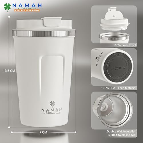 Image of Namah Insulated Coffee Mug Travel with Lid 380ML Stainless Steel Coffee Tumbler Cup for Office & Home, Leak Resistant Matte Finish Hot & Cold Travel Coffee Mug for Men & Women Gift (Polar Pop)