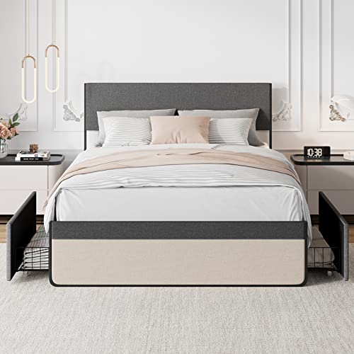 Idealhouse Queen Size Bed Frame With 2 Storage Drawers, Platform Upholstered Bed Frame With Headboard, Mattress Foundation With Steel Slat Support, No Box Spring Needed #TOP18