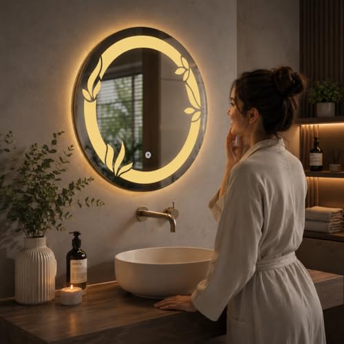 Image of LED Smart Bathroom Mirror with Touch Sensor | 3-in-1 Light Modes - Warm White | Cool White & Natural Light | Office and Home Use (Round 2nd, 21x21)