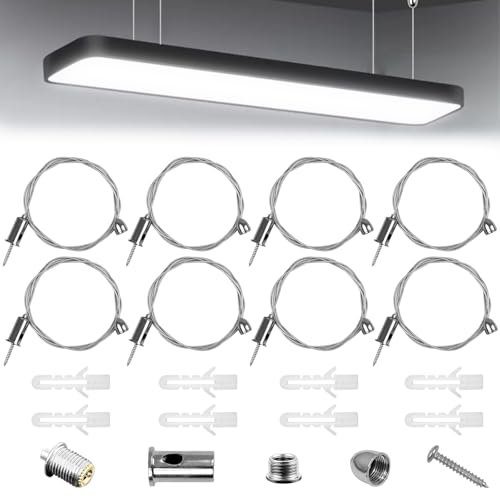 8Pcs Câble Métallique de Suspension de Luminaire Robuste Tressé Kit, 1.5mm x 1.5m Fil d'Acier de Lampe Suspendue Réglable, Fil à Suspendre pour Panneau...