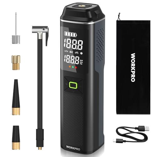 WORKPRO Portable Tire Inflator, 7.2V/12V Small/Mid/Large Air Compressor, Digital Display, Auto Shut-Off, 5 Modes, LED Light, High Airflow, for Car, Motorcycle, Bike, Balls
