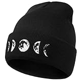 Gothic Moon Phase Skull Beanie Hats for Men Women, Warm Embroidery Winter Hat for Birthday Christmas & New Year Black