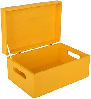 Creative Deco Large Yellow Wooden Storage Box | 30 x 20 x 14 cm (+/-1 cm) | with Hinged Lid & Handles | Gift Box for Tool Dog Toy Shoes Clothes Kitchen Storage | Wood Keepsake Memory Craft Chest
