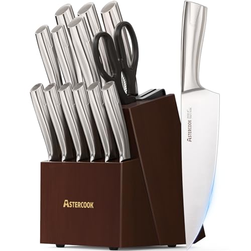 Astercook Knife Set, Kitchen Knives Set with Block and Sharpener Full Tang 15 Pcs Premium Stainless Steel Knives Ultra Sharp Blade Dishwasher Safe Knife Set with Anti-slip Ergonomic Handle, Walnut