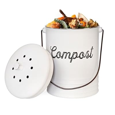 AuldHome Design Kitchen Compost Bin for Countertop | 1.3 Gallon Composting Bucket with Lid | Includes 3 Charcoal Filters | (White Enamel)