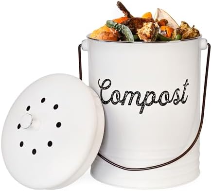 AuldHome Design Kitchen Compost Bin for Countertop | 1.3 Gallon Composting Bucket with Lid | Includes 3 Charcoal Filters | (White Enamel)