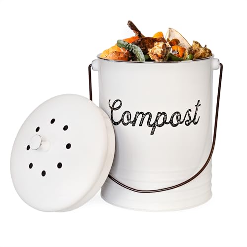 AuldHome Design Kitchen Compost Bin for Countertop | 1.3 Gallon Composting Bucket with Lid | Includes 3 Charcoal Filters | (White Enamel)