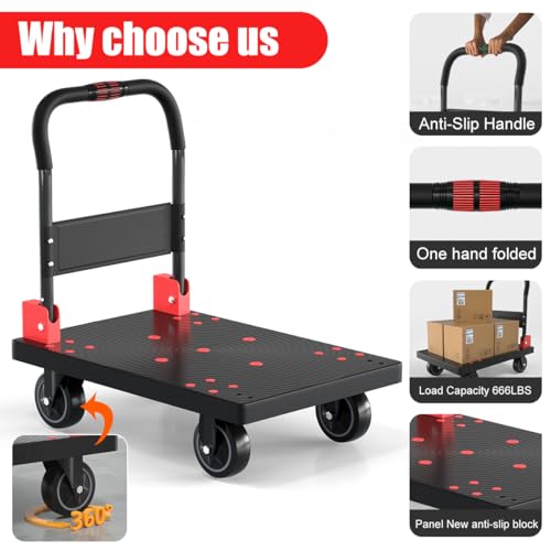 WUD Push Cart, Folding Mobile Platform Trolley,Thickened and Reinforced, 360° Swivel Wheels, 28.7 “L x 19.3 ”W, 661 lb.Black Dolly cart with Wheels by WUD - Used condition - Image 5