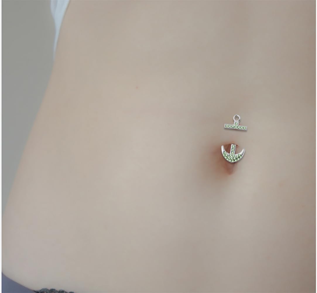 Multi Crystal Gemstone Fancy Anchor Double Side Design 925 Sterling Silver with Stainless Steel Belly Ring - Belly Button jewelry - Navel jewelry - Silver Navel Ring