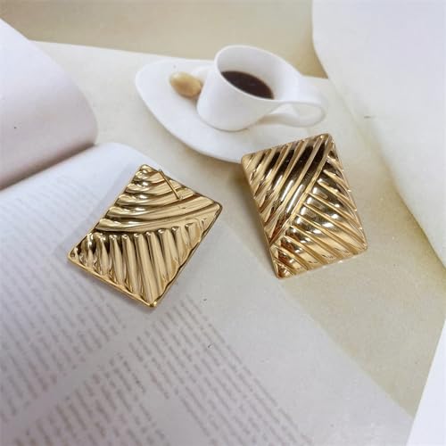 Dainty Chunky Textured Rectangle18K Gold Plated Statement Big Stud Earrings for Women Vintage Trendy Stainless Steel Hypoallergenic Geometric Stripe Unique Design Studs Fashion Jewelry Gift4