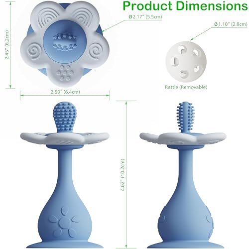 Image of Flower Teether Rattle, Silicone Baby Teething Toy 0-24M [Blue] | 360 Multi-Texture, Nipple-Shaped End, Anti-Choking Design, Stand-Up Base, Baby Girl & Boy Teether, BPA-Free, Teething Relief