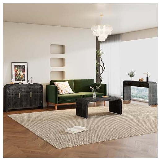 LyuHome 3-Pcs Set of Console Table & Sideboard & Coffee Table, Modern Contemporary Retro Living Room Dining Room Kitchen Furniture Set, Black