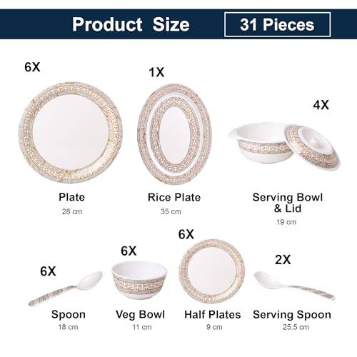 Image of Golden Fish 31 Pcs Complete Dinner Set for 6 with Rice Plate | 6 Full Plates, 6 Quarter Plates, 6 Veg Bowls, 2 Donga with Lid, 2 Serving Spoons & 6 Eating Spoons | Full Meal Serving Combo