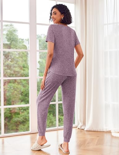Ekouaer Pajama Sets for Womens Rib Knit Lounge Set Jogger Pants Short Sleeve Sleepwear 2 Piece Outfits Set with Pockets3