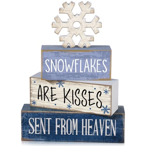 Lineshading 4 Pcs Christmas Table Decorations Wooden Snowflake Decor Winter Tiered Tray Decor Rustic Snow Block Signs Gift Farmhouse Christmas Centerpiece for Winter Wonderland Party Kitchen Home