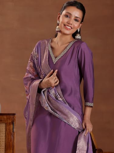 Image of Libas Womens Embellished Silk Blend Straight Kurta With Trousers and Dupatta | ethnic wear | bridal suit | wedding dress | occasion wear