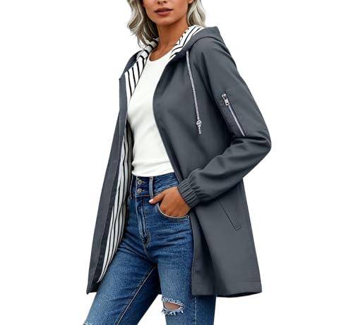 Chaqueta impermeable mujer ideal para caminar en verano con capucha a rayas 6